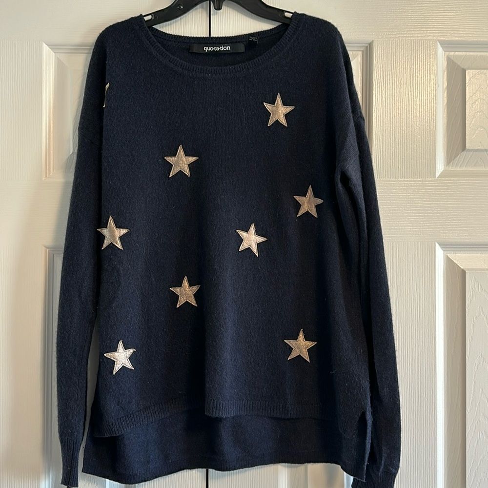 Quotation Women’s Navy Blue with Silver Stars Cashmere Crewneck Sweater